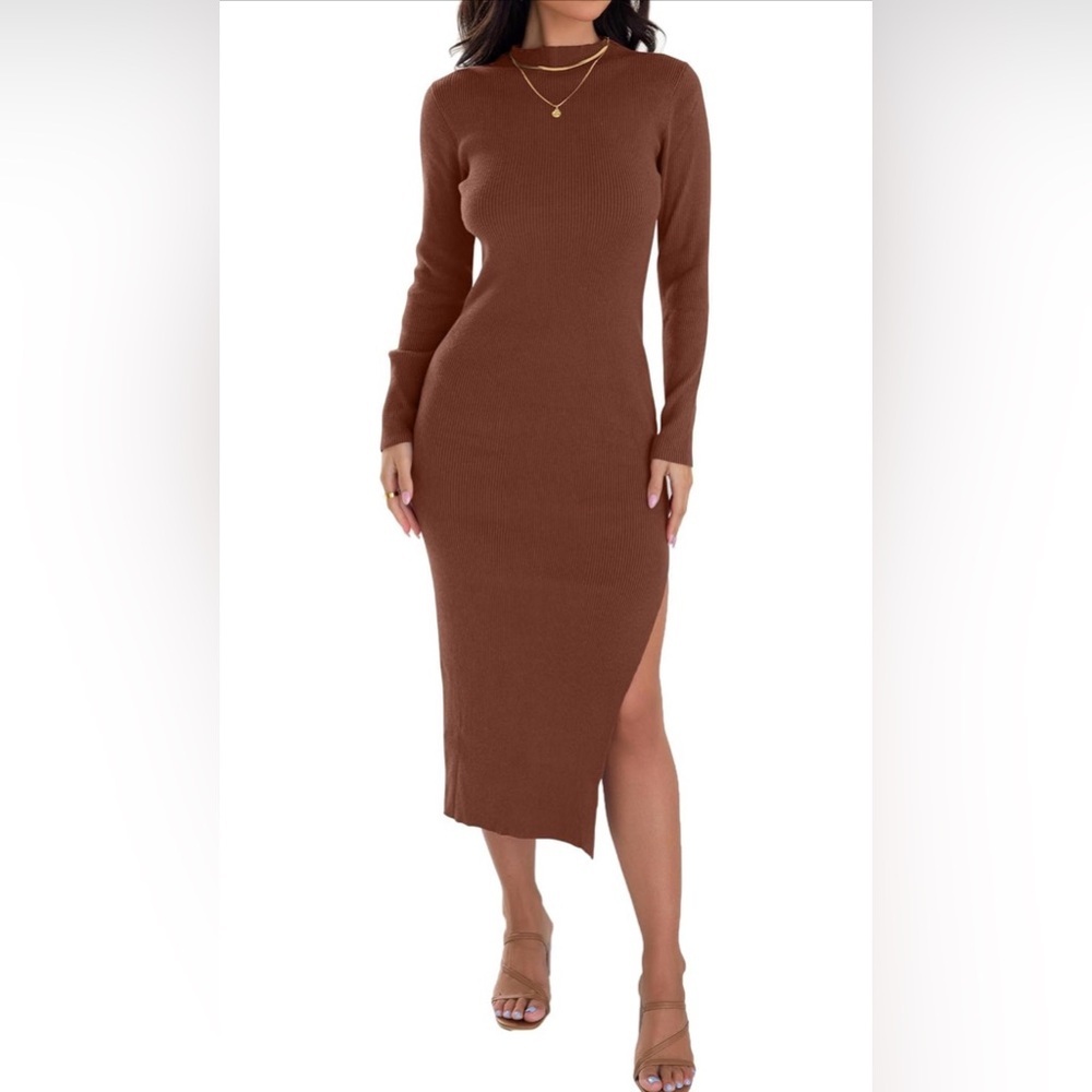 🆕Ribbed Long Sleeve Mock Neck Slim Fit Sweater Dress